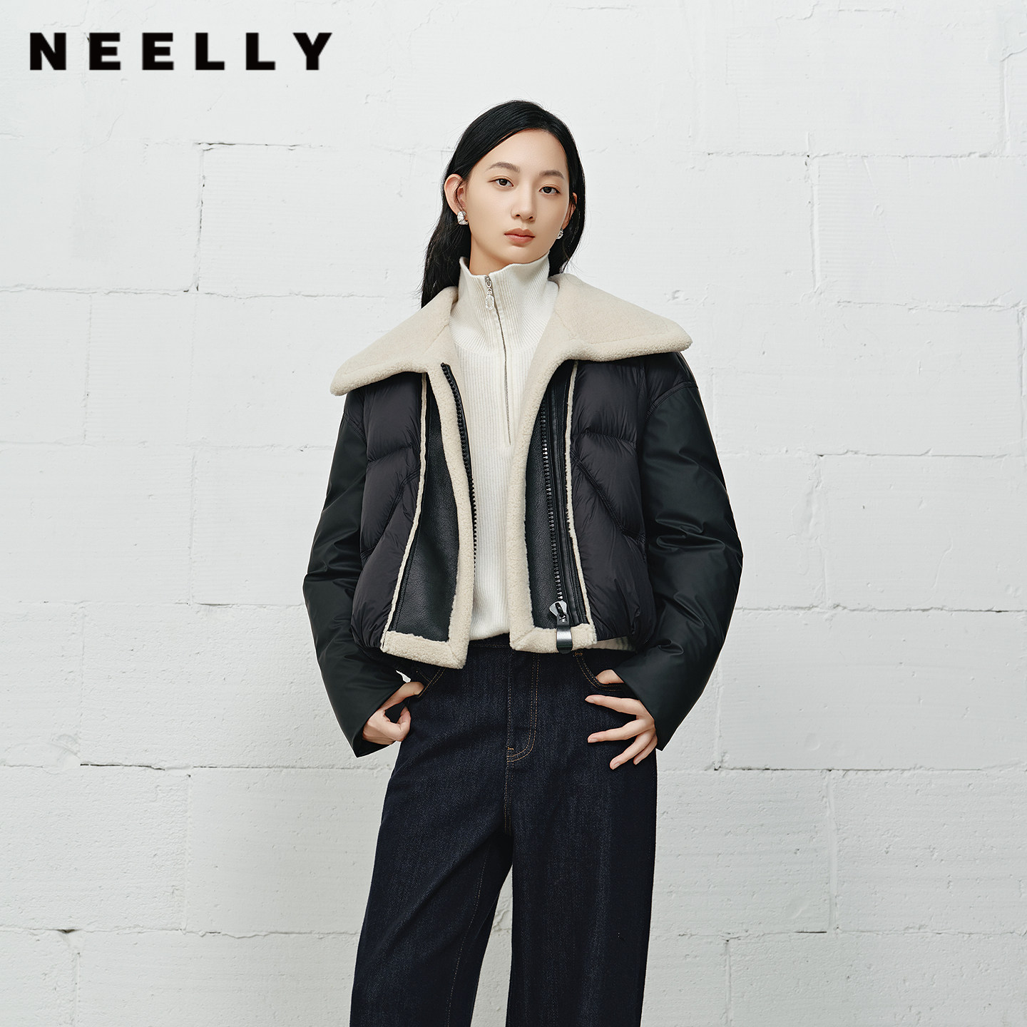 NEELLY纳俪商场同款冬季新款时尚大翻领帅气羽绒服女宽松短款外套