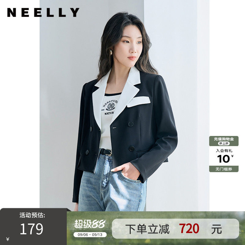 NEELLY纳俪商场同款黑白撞色西装外套女气质百搭直筒双排扣短上衣