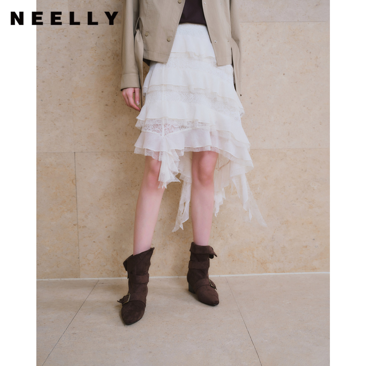 NEELLY纳俪商场同款秋新款不规则蕾丝蛋糕半身裙女荷叶边飘带纱裙