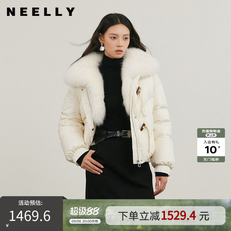 NEELLY纳俪商场同款冬新款狐狸毛领宽松羽绒服女90白鸭绒短款外套