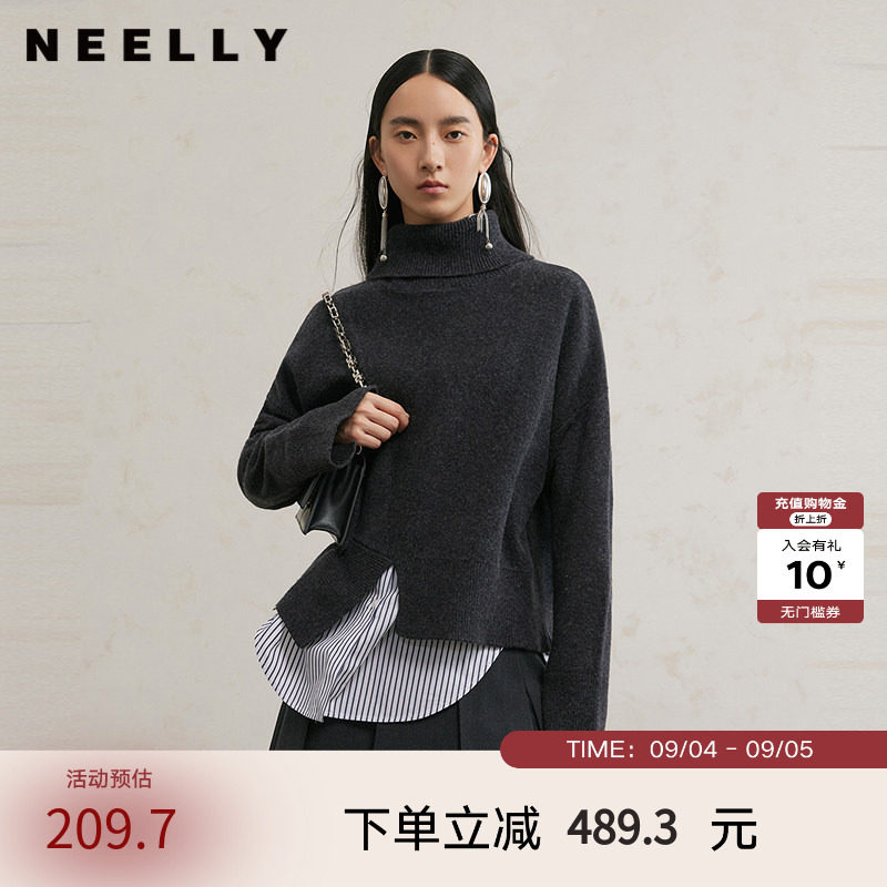 NEELLY纳俪商场同款冬季新款经典衬衫领开衩羊毛针织衫女宽松上衣