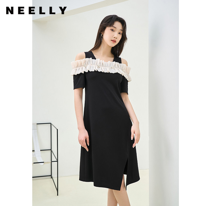 NEELLY纳俪商场同款夏季新款黑色法式露肩设计感连衣裙女显瘦长裙