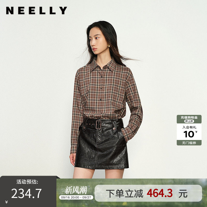 NEELLY纳俪商场同款春秋新款时尚通勤格纹衬衫女长袖百搭外套