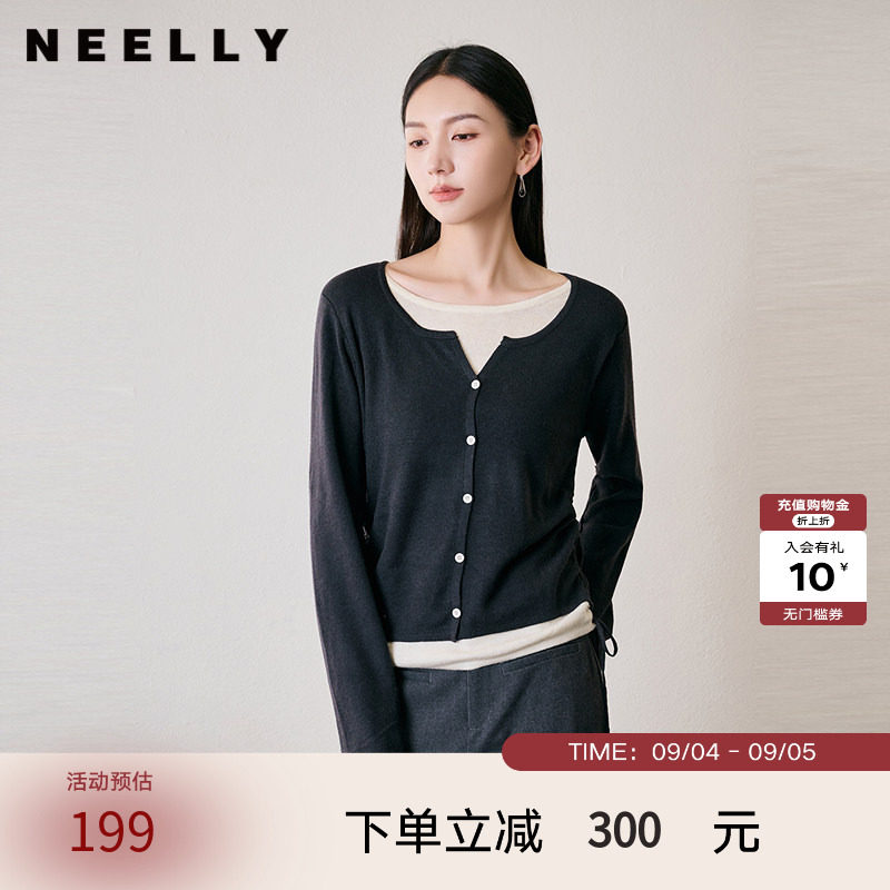 NEELLY纳俪商场同款冬季新款设计感假两件针织衫女修身打底毛衣
