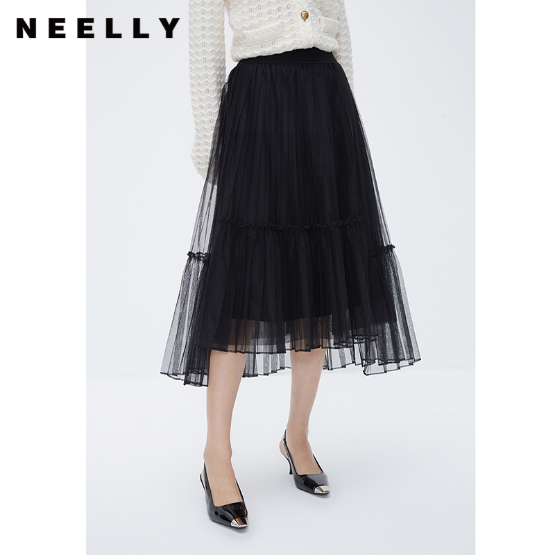 NEELLY纳俪商场同款黑色高腰网纱裙女秋冬高级感百搭A字裙 半身裙