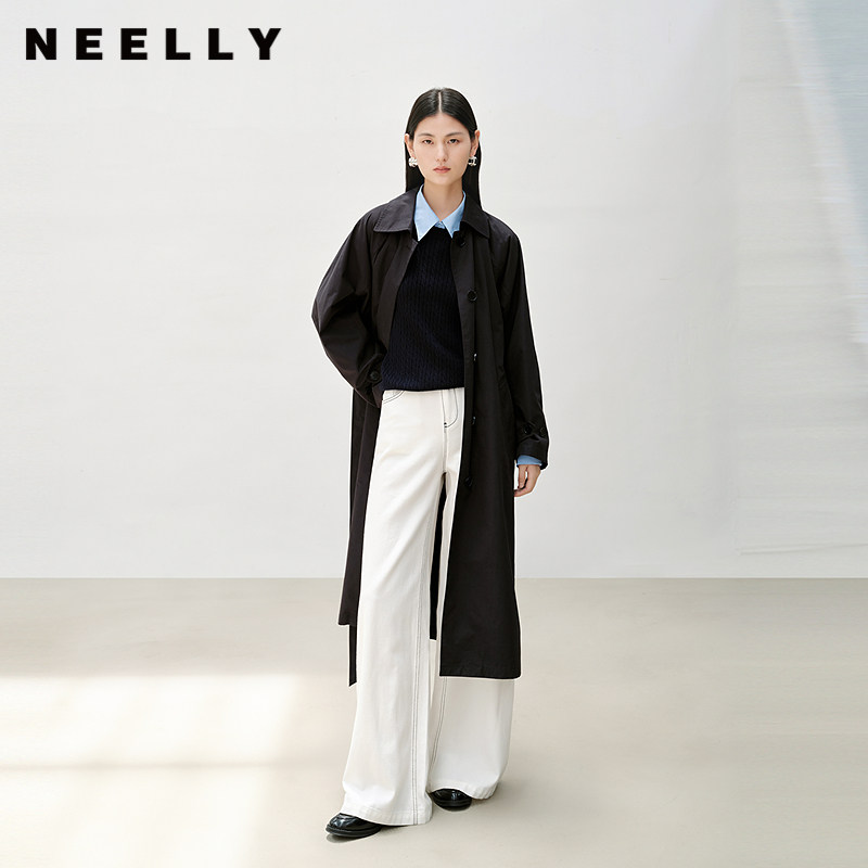 NEELLY纳俪商场同款春秋新款复古简约廓形长风衣女舒适随性外套