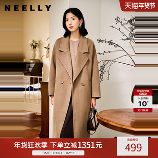 NEELLY纳俪商场同款冬季新款气质通勤羊毛呢大衣女西装翻领长外套