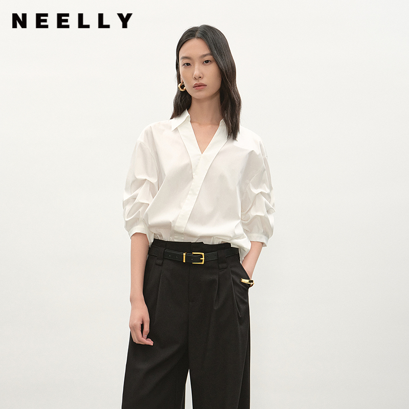 NEELLY纳俪商场同款夏季新款法式设计感白衬衫女气质高级质感上衣
