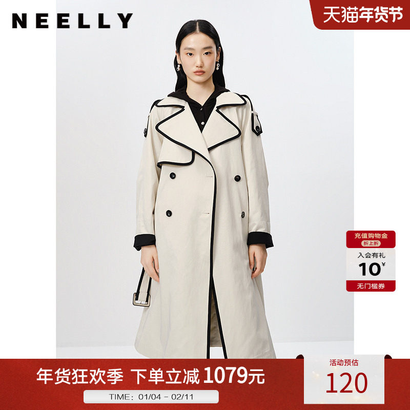 NEELLY纳俪撞色大翻领双排扣风衣女中长款收腰大衣通勤百搭外套
