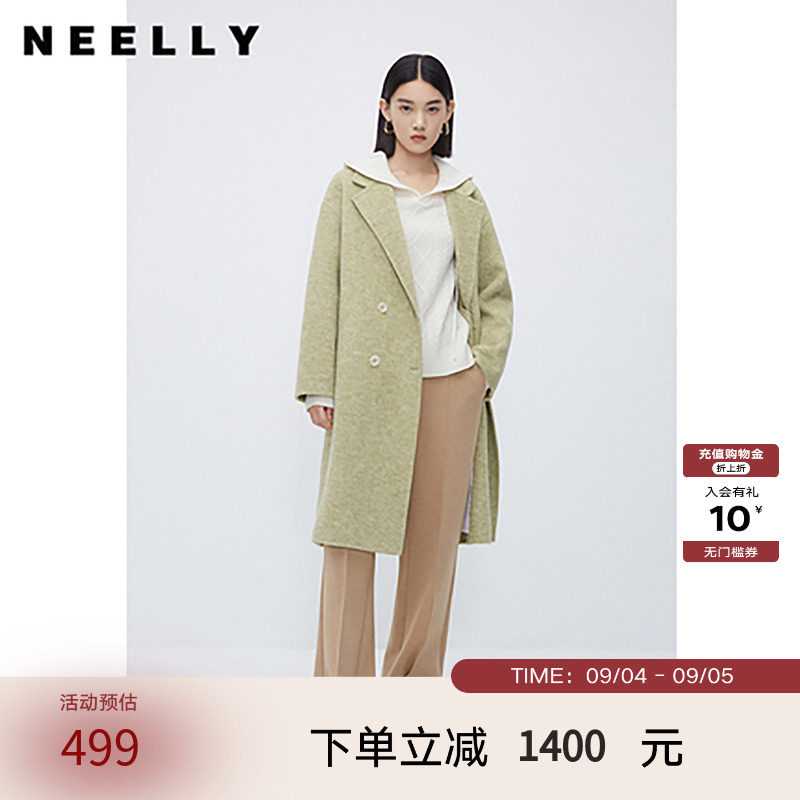 NEELLY纳俪商场同款中长款西装领双面呢大衣韩系气质垂感毛呢外套