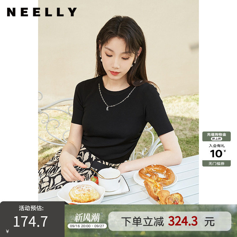 NEELLY纳俪商场同款夏季新款黑色针织衫女圆领百搭短袖修身套头衫