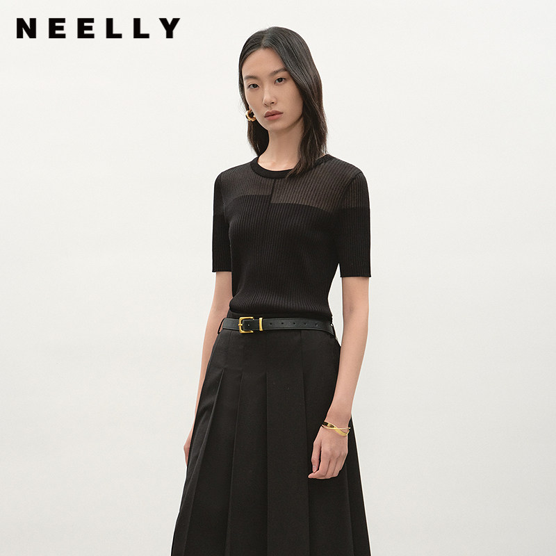NEELLY纳俪商场同款夏新款圆领个性坑条针织衫女百搭修身显瘦毛衣