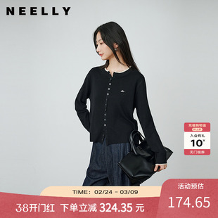 NEELLY纳俪商场同款春秋新款圆领俏皮针织开衫女时尚假两件上衣