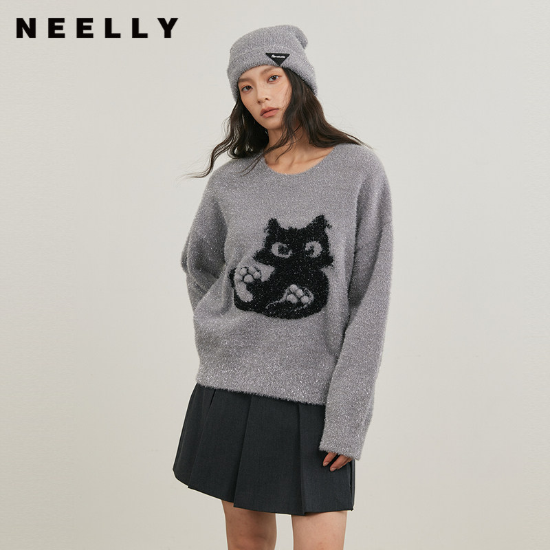NEELLY纳俪商场同款冬新款减龄小猫撞色针织衫女软糯舒适套头毛衣
