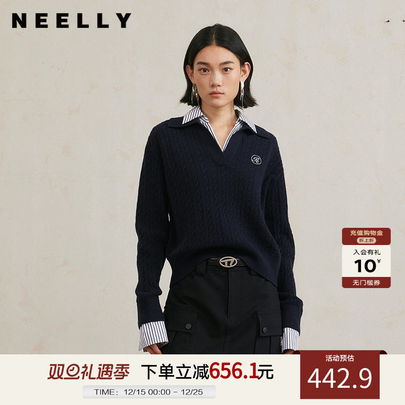 NEELLY纳俪商场同款秋冬新款学院风时尚拼接针织衫女软糯套头毛衣