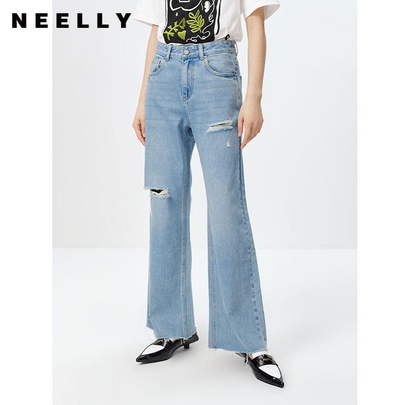NEELLY纳俪春季个性通勤破洞牛仔裤女新款直筒阔腿长裤百搭浅色