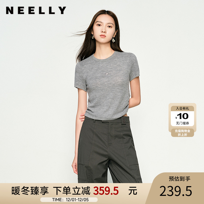 NEELLY纳俪商场同款秋冬新款圆领修身短袖针织衫女显瘦透气上衣