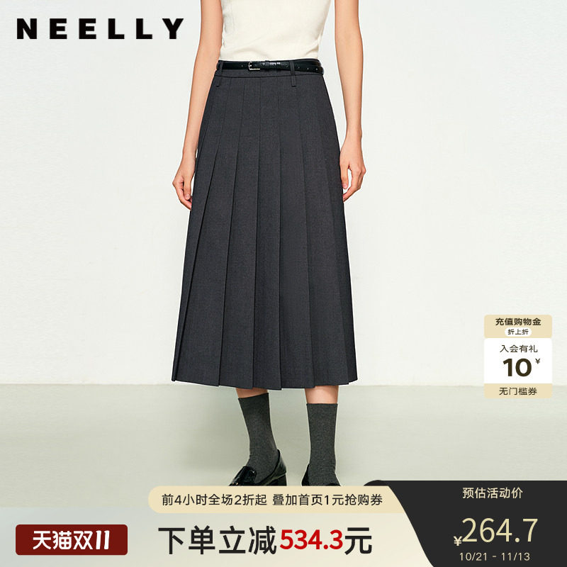 NEELLY纳俪商场同款春新款经典时尚百褶裙女高腰垂感中长款半身裙