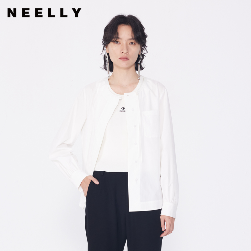 NEELLY纳俪商场同款春季新款纯棉长袖衬衫女设计感白色圆领衬衣