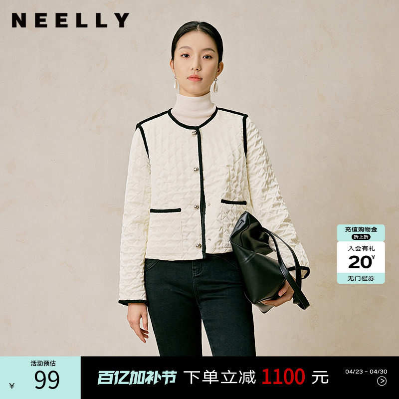 NEELLY纳俪商场同款冬季新款白色菱格短款棉衣女通勤轻薄棉服外套