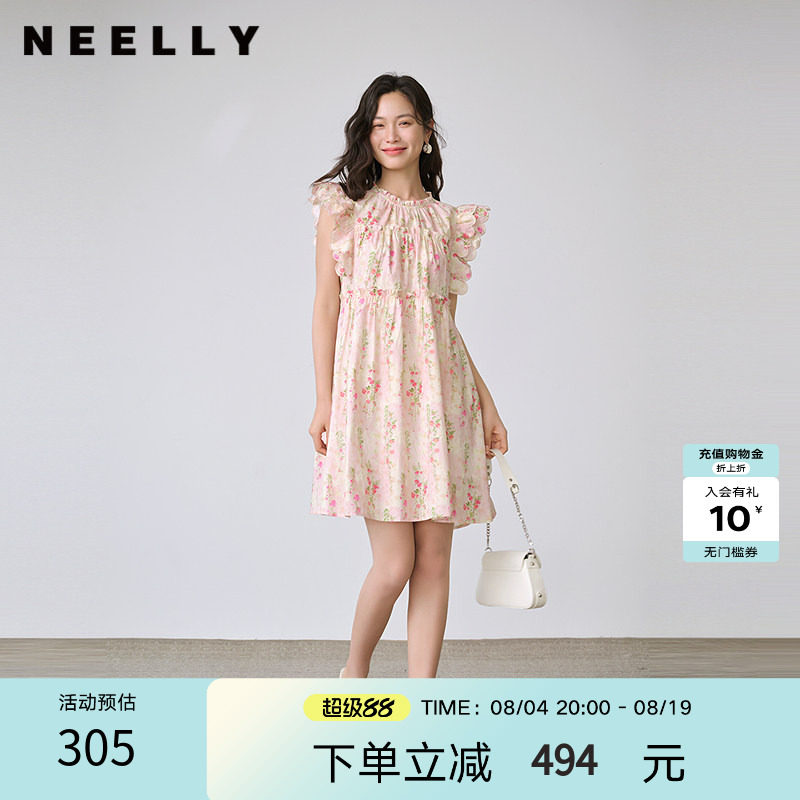 NEELLY纳俪商场同款秋季新款甜美碎花小飞袖连衣裙女出游吸睛长裙