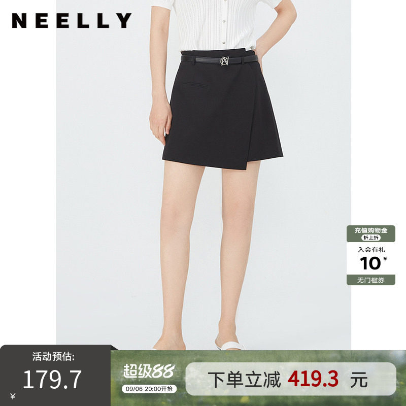 NEELLY纳俪商场同款夏新款黑色高腰不规则A字裙裤女简约百搭短裤