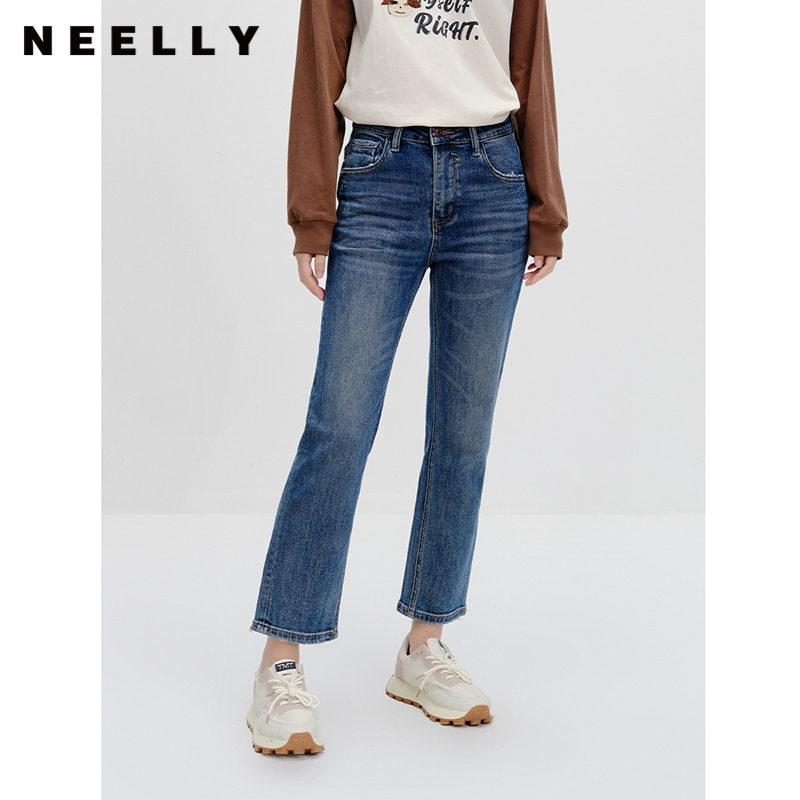 NEELLY纳俪商场同款直筒简约牛仔裤春季新款时尚通勤九分烟管裤女