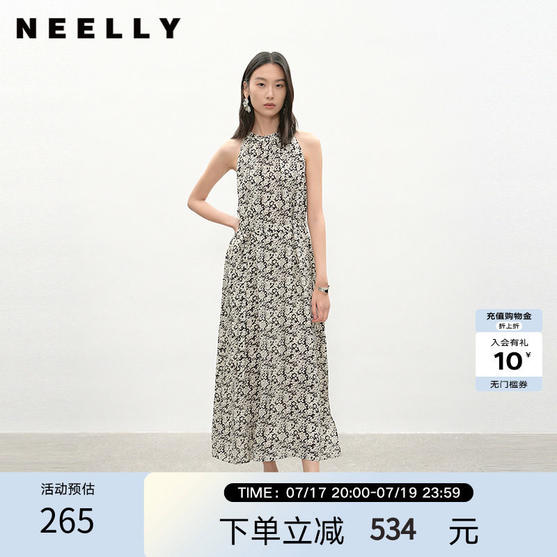 NEELLY纳俪商场同款夏季新款黑白碎花挂脖连衣裙女复古休闲中长裙
