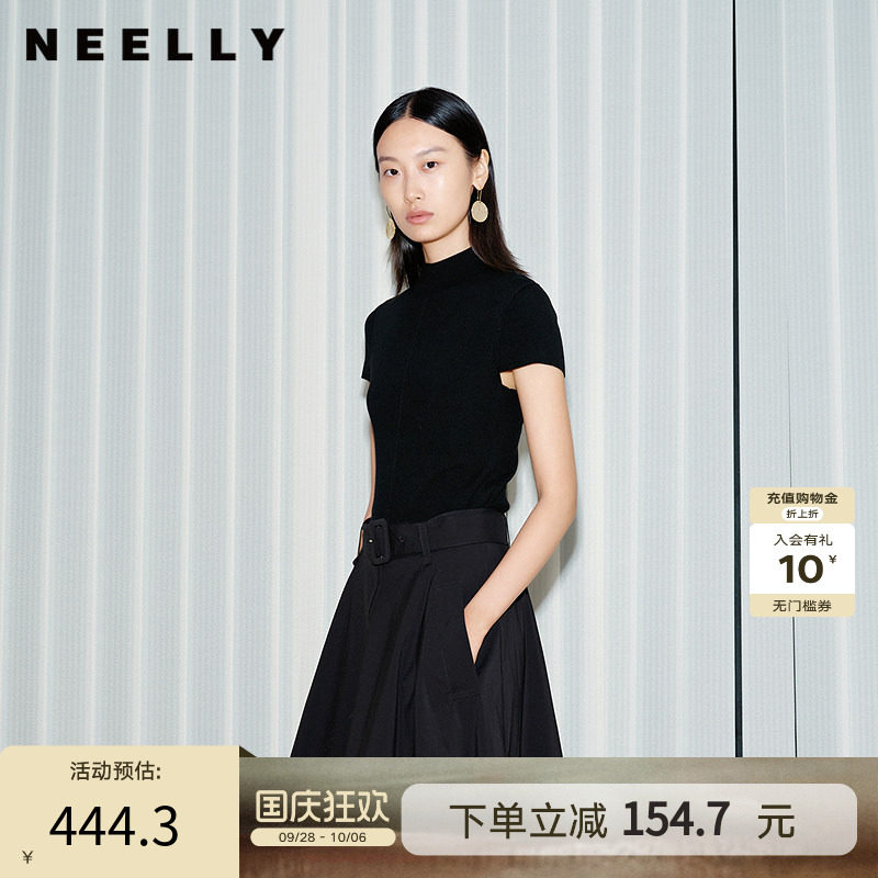 NEELLY纳俪商场同款夏季新款气质半高领短款针织衫女黑色修身上衣