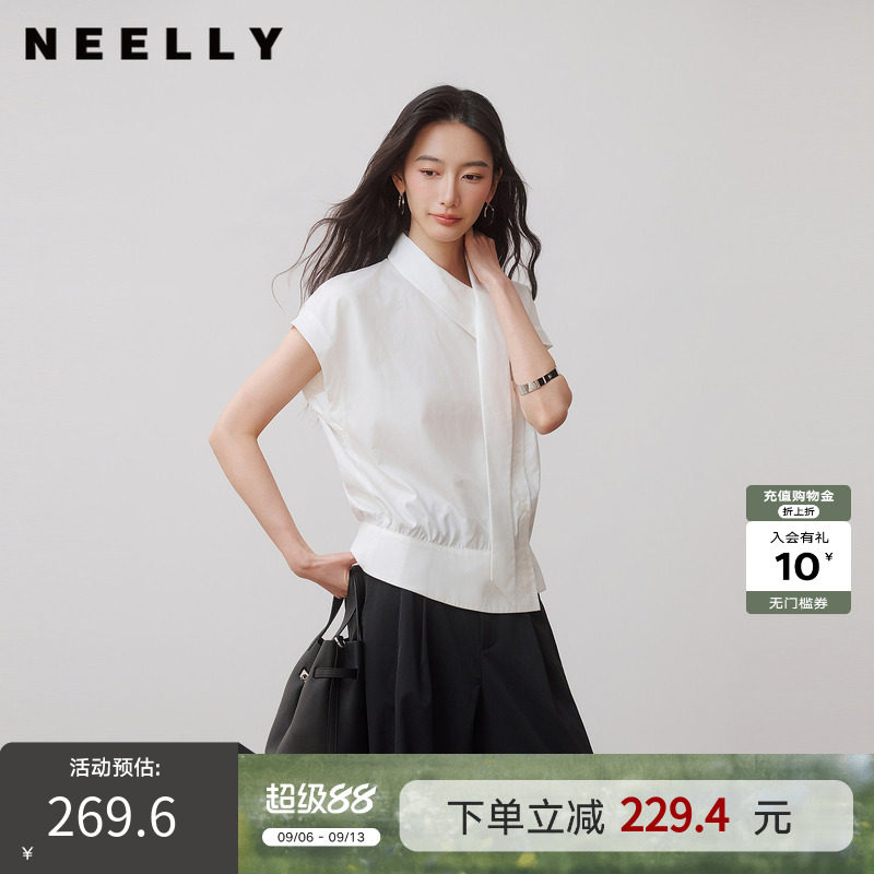 NEELLY纳俪商场同款秋新款法式飘带立领无袖衬衫女知性设计感上衣