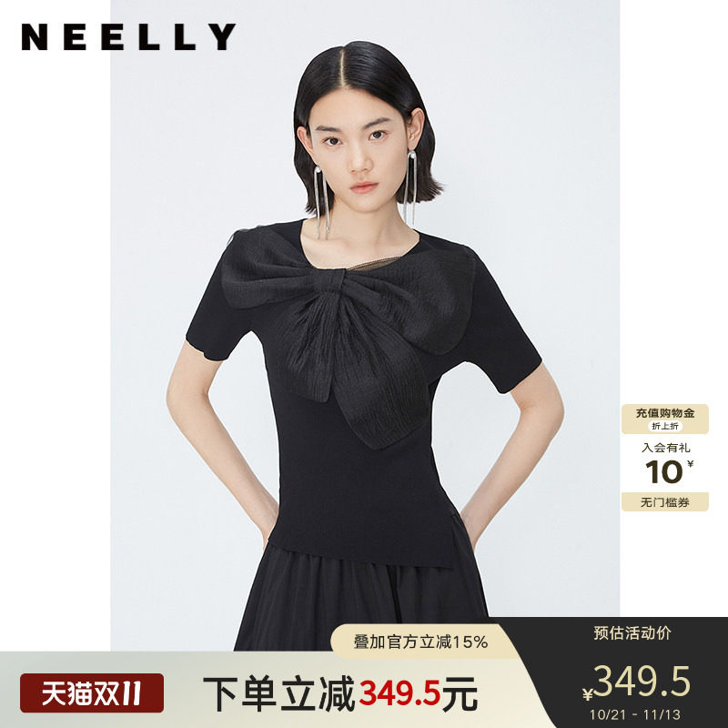 NEELLY纳俪商场同款夏季新款黑色套头针织衫女薄款网纱蝴蝶结上衣