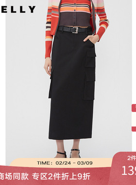 NEELLY纳俪商场同款工装多口袋半身裙女春黑色甜酷机能风直筒长裙