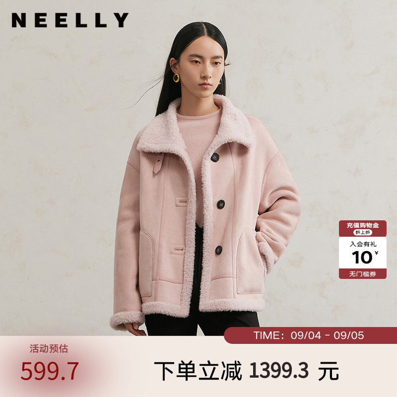 NEELLY纳俪商场同款冬季新款羊毛翻领外套女百搭直筒时尚保暖上衣