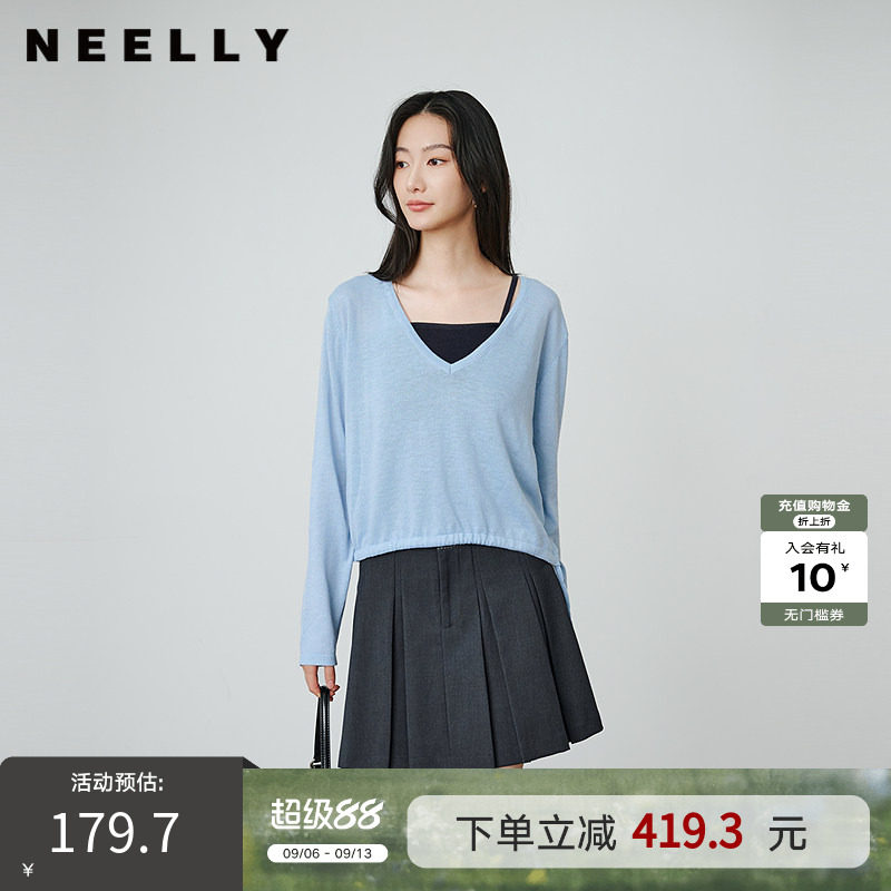 NEELLY纳俪商场同款春秋新款V领宽松减龄针织衫女简约舒适T恤上衣