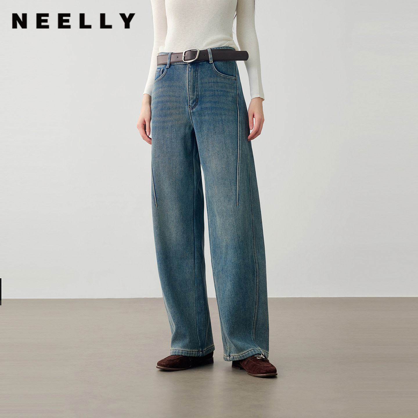 NEELLY纳俪商场同款冬季新款高腰明线阔腿裤女百搭休闲牛仔长裤