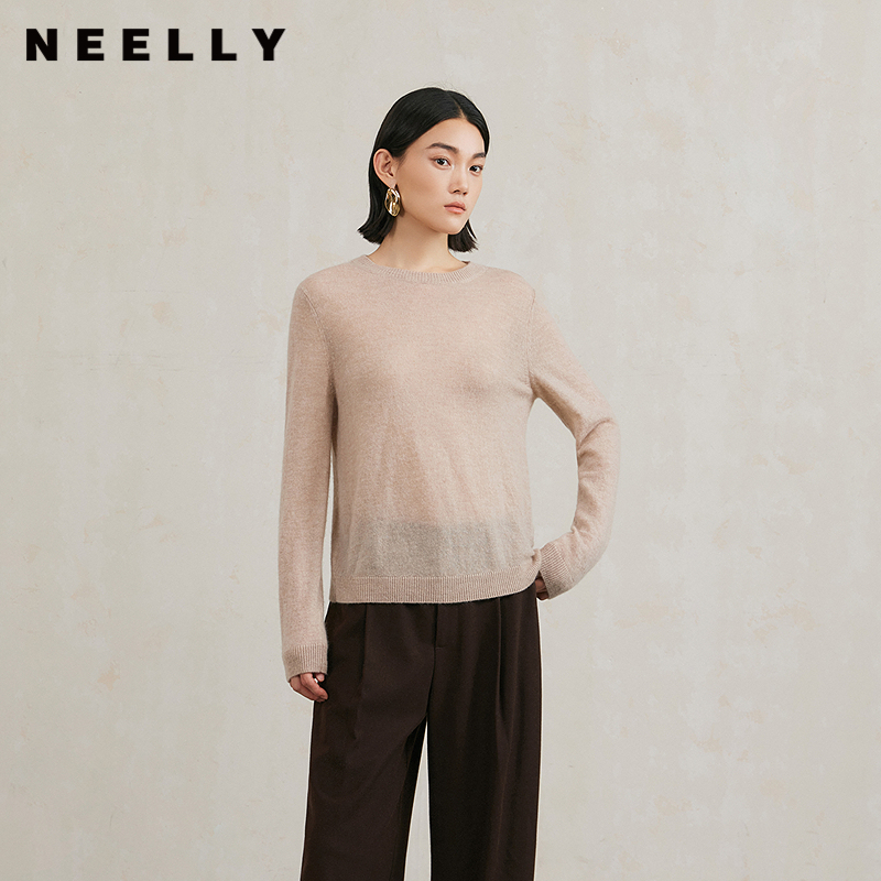 NEELLY纳俪商场同款冬季新款山羊绒圆领套头针织衫女通勤打底毛衣