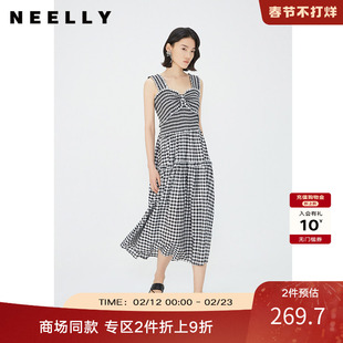 NEELLY纳俪商场同款黑白格吊带连衣裙女莱赛尔收腰显瘦度假风裙子