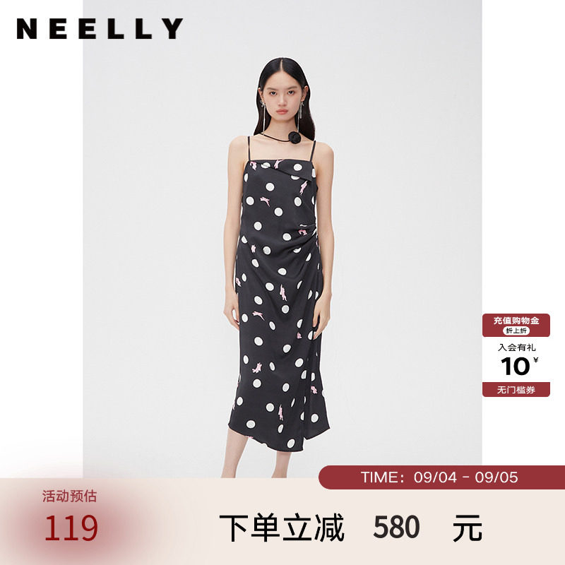 NEELLY纳俪商场同款春秋波点捏褶吊带连衣裙女设计感开叉中长裙