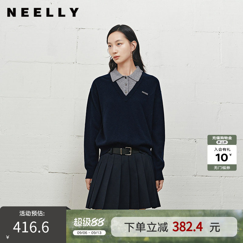 NEELLY纳俪商场同款冬季新款学院风显白宽松针织女撞色慵懒风上衣