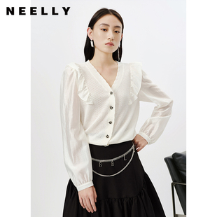 韩版 V领针织衫 女泡泡袖 外套 甜美开衫 春季 NEELLY纳俪商场同款 新款