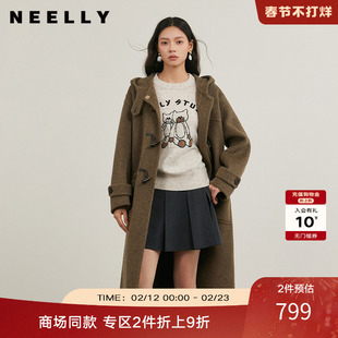 NEELLY纳俪商场同款冬季新款减龄连帽牛角扣长款双面呢大衣保暖女