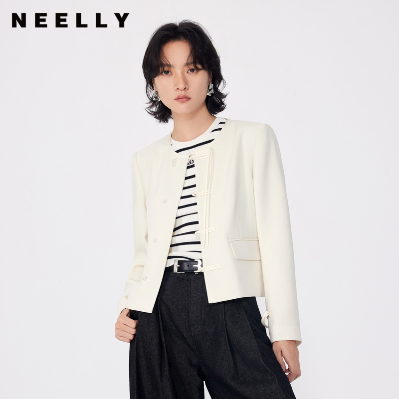 NEELLY纳俪商场同款秋冬新款新中式设计感圆领短外套女正肩显瘦