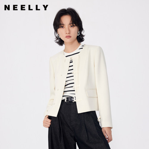 NEELLY纳俪商场同款春秋新款新中式设计感圆领短外套女正肩显瘦