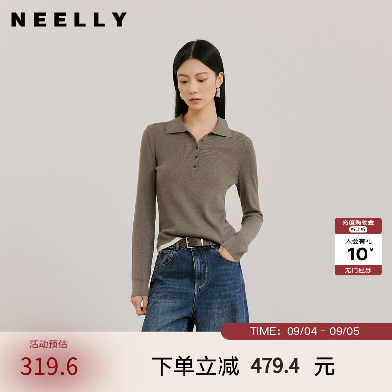 NEELLY纳俪商场同款秋季新款时尚简约POLO领针织衫女亲肤修身上衣