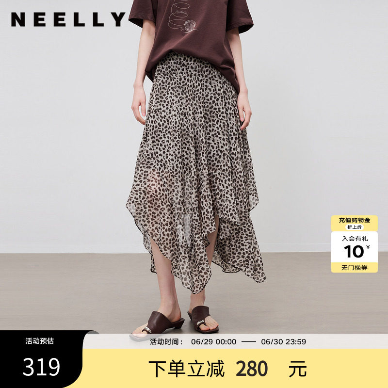 NEELLY纳俪商场同款夏新款豹纹不规则雪纺半裙女个性复古感中长裙