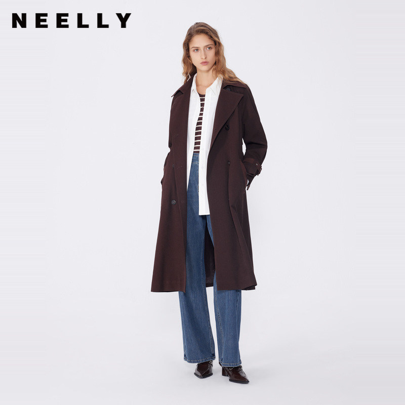 NEELLY纳俪春秋新款商场同款美拉德宽松双排扣风衣女复古长外套