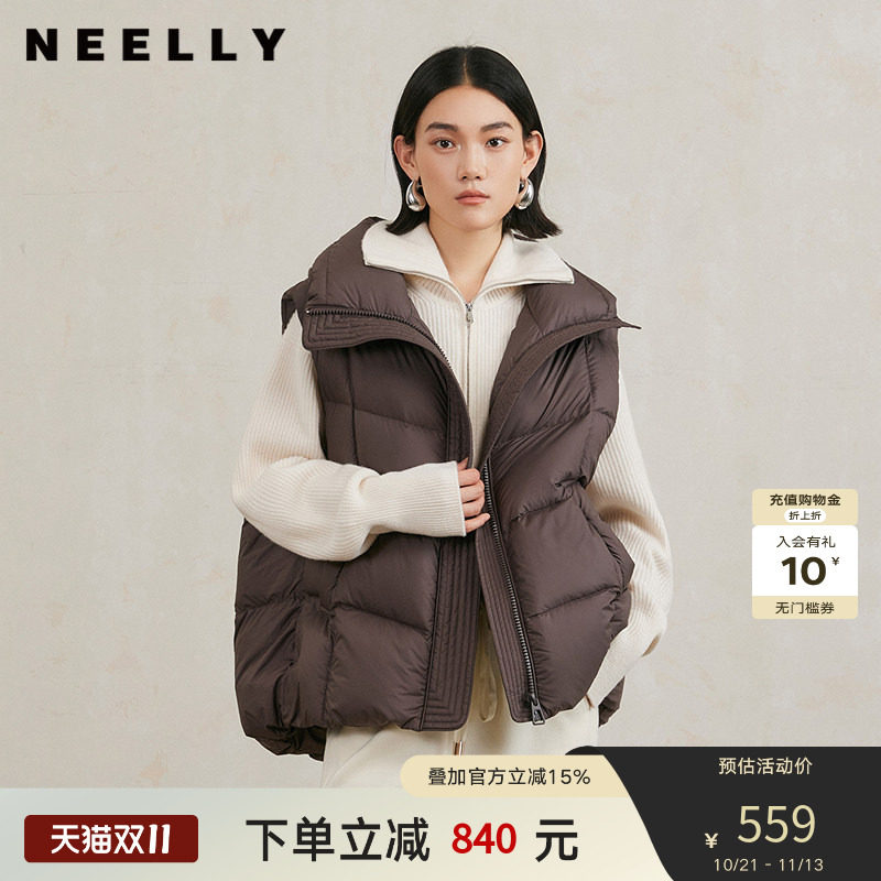 NEELLY纳俪商场同款冬季新款立领保暖无袖背心女宽松羽绒服外套