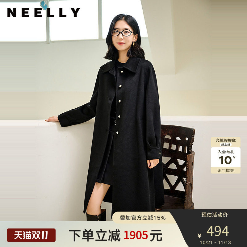 NEELLY纳俪商场同款冬季新款气质通勤纯羊毛长款双面呢大衣外套女