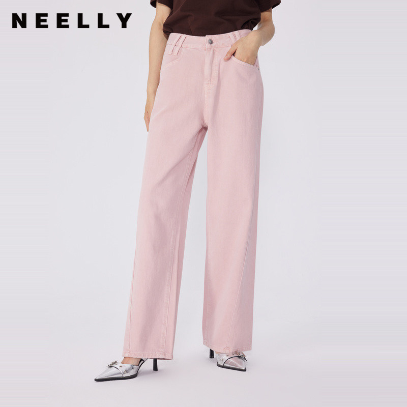NEELLY纳俪商场同款春新款全棉牛仔裤显瘦直筒裤女粉色显白长裤