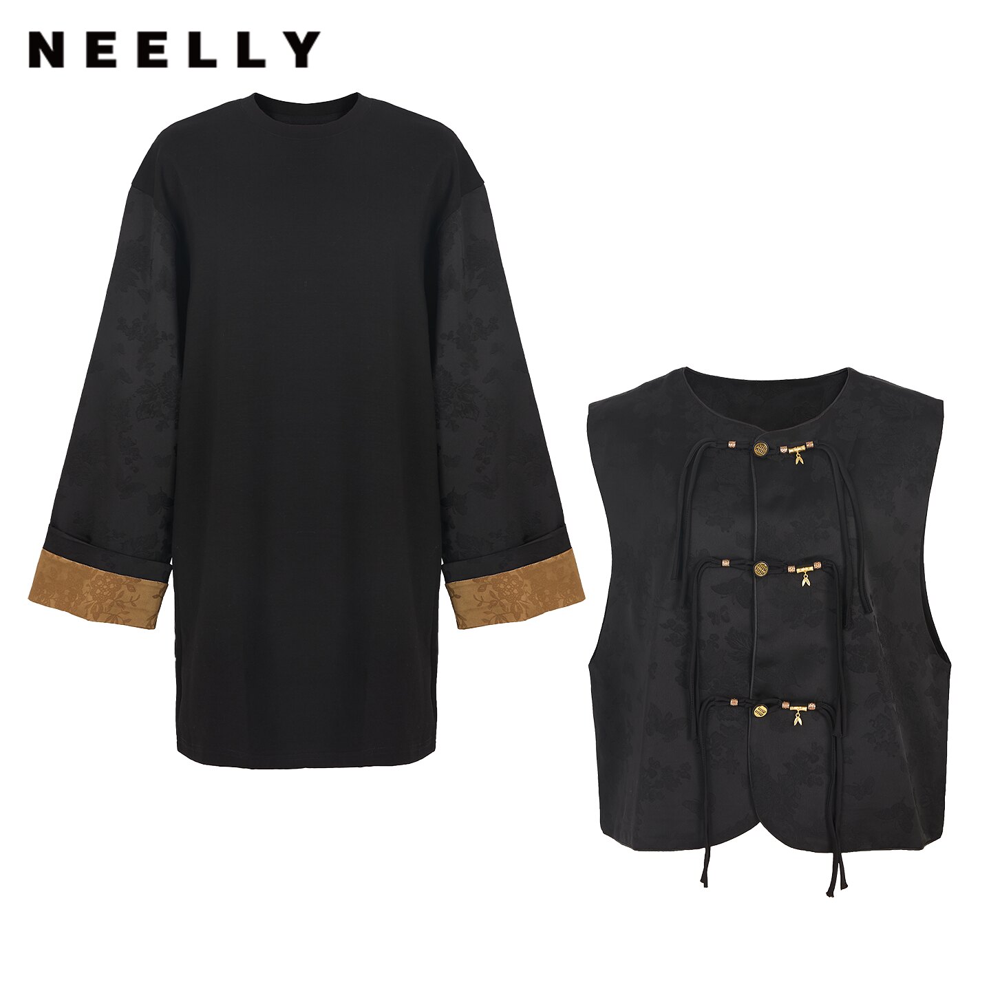 NEELLY纳俪商场同款春季新款轻量新中式马甲连衣裙女优雅宽松长裙